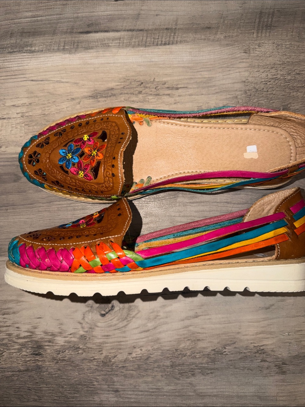 Women's 10 leather flat huaraches shoes Mexican sandals brown embroider flowers - Picture 4 of 7